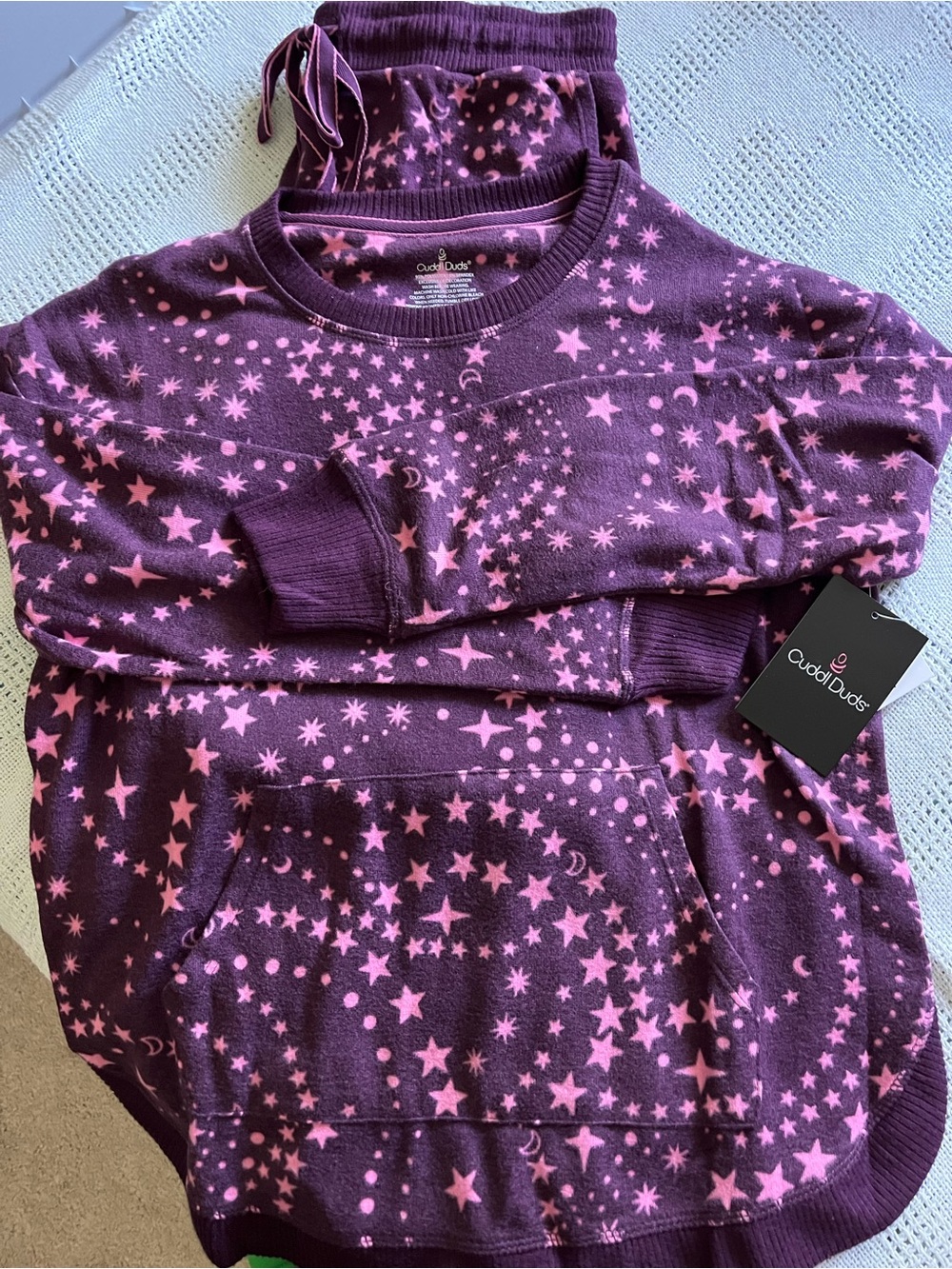 Cuddl Duds Purple Lounge Set with Pink Star Print